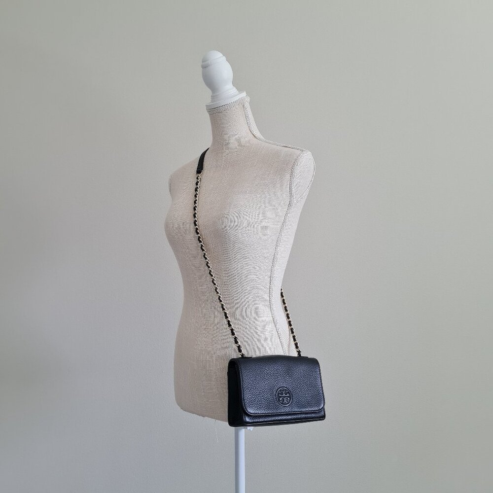 Tory Burch Bombe Shrunken Black Mini Shoulder Bag Crossbody Leather Gold Flap